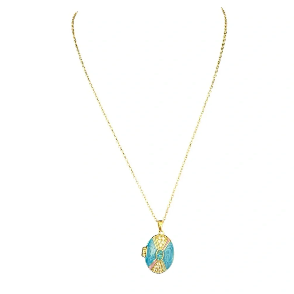 Blue and Pink Locket 18K Gold-Plated Stainless Steel Crystal Necklace